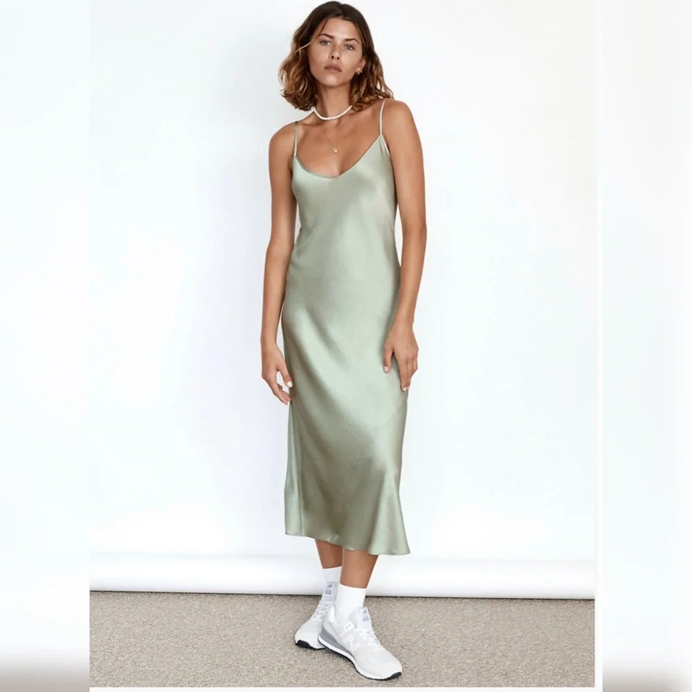 sage green silk slip dress Mila Sage Slip Dress | Lace Midi Puff Sleeve Dress main image 0